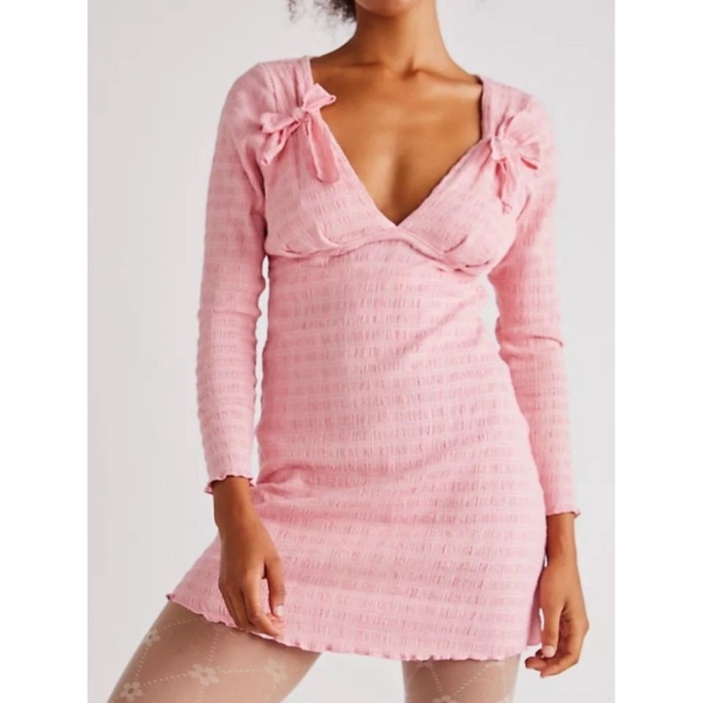 Free People Pink Rose Bow Mini Dress Coquette Pink Large NWT Open Back